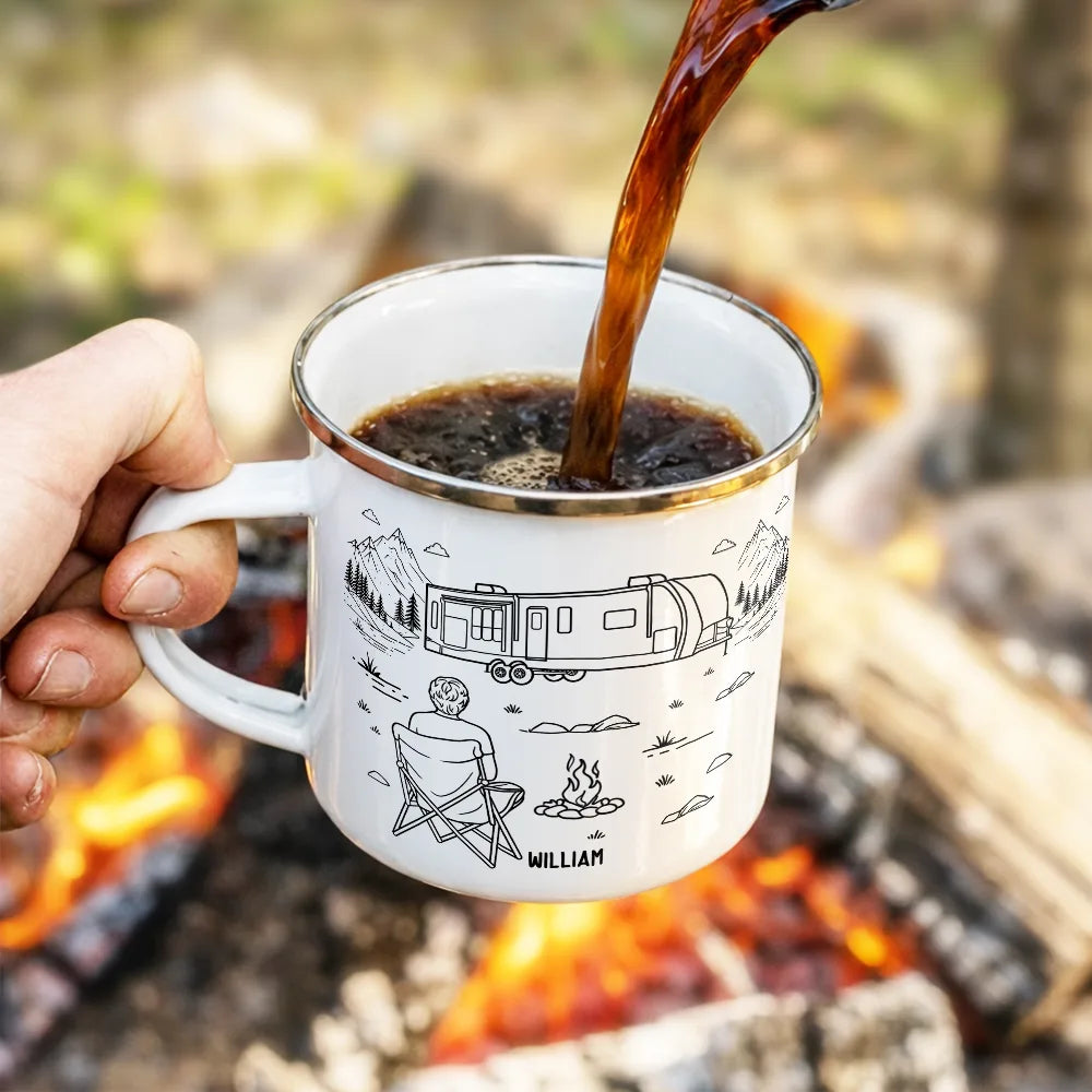 Camping,Campsite,Gift For Couples,Couple's Hobby,Happy - And So The Adventure Begins - Personalized Enamel Mug