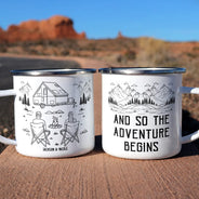 Camping,Campsite,Gift For Couples,Couple's Hobby,Happy - And So The Adventure Begins - Personalized Enamel Mug