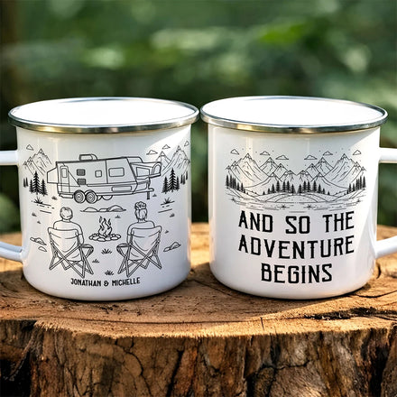 And So The Adventure Begins - Personalized Enamel Mug