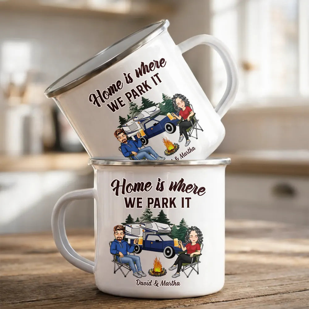 Camping,Campsite,Happy,Gift For Couples,Gift For Husband,Gift For Wife,Gift For Boyfriend,Gift For Girlfriend - And So The Adventure Begins Cartoon Couple Camping - Personalized Enamel Mug