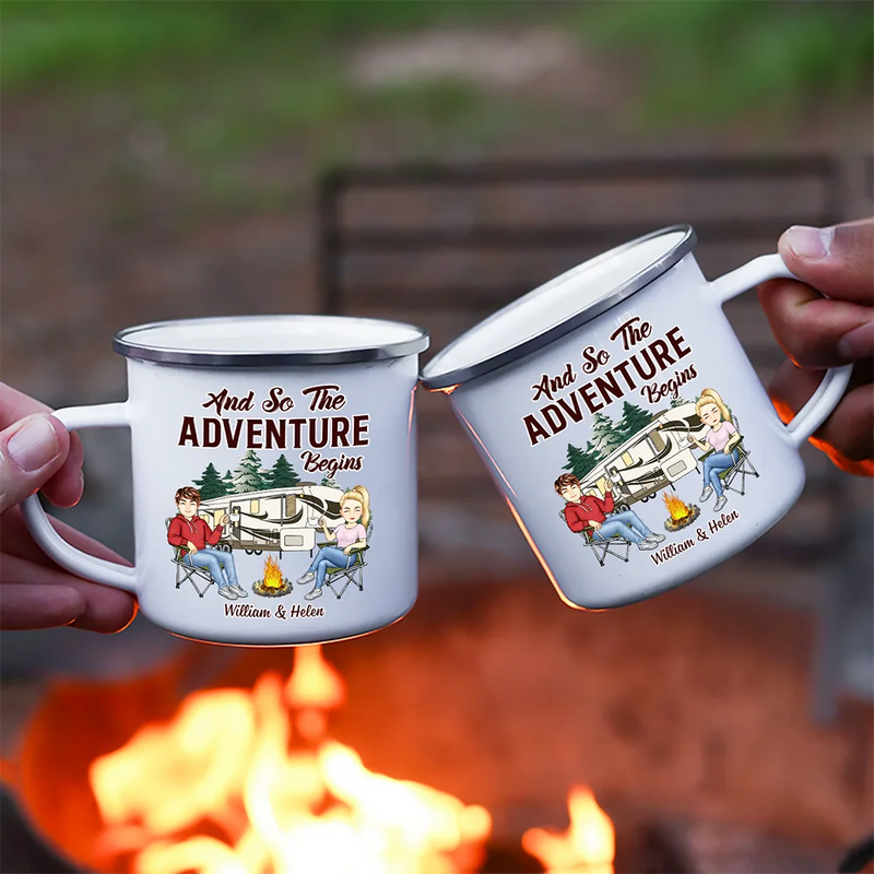 Camping,Campsite,Happy,Gift For Couples,Gift For Husband,Gift For Wife,Gift For Boyfriend,Gift For Girlfriend - And So The Adventure Begins Cartoon Couple Camping - Personalized Enamel Mug