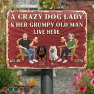 Dog Couple, Humorous, Dog Lovers, Pet Lovers, Gift For Couples, Vector - Animate Couple A Crazy Dog Cat Lady And Her Grumpy Old Man Live Here - Personalized Classic Metal Signs