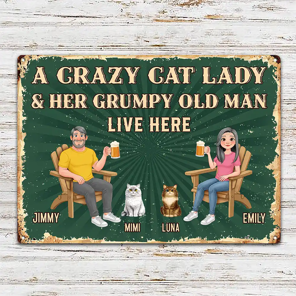 Dog Couple, Humorous, Dog Lovers, Pet Lovers, Gift For Couples, Vector - Animate Couple A Crazy Dog Cat Lady And Her Grumpy Old Man Live Here - Personalized Classic Metal Signs