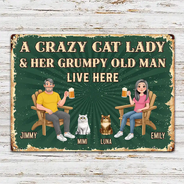 Dog Couple, Humorous, Dog Lovers, Pet Lovers, Gift For Couples, Vector - Animate Couple A Crazy Dog Cat Lady And Her Grumpy Old Man Live Here - Personalized Classic Metal Signs