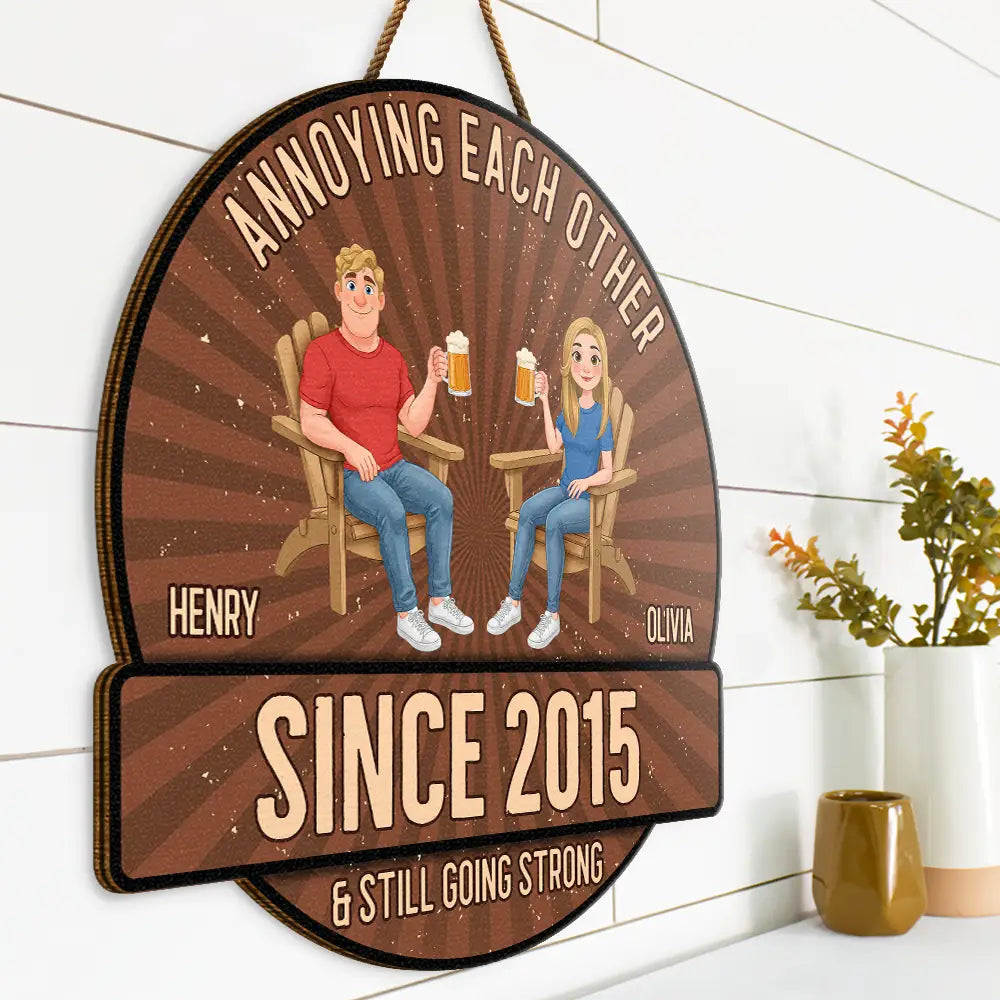 Wedding Anniversary, Humorous, Old Couples, Gift For Couples, Vector - Animate Couple Annoying Each Other - Personalized Custom Shaped Wood Sign