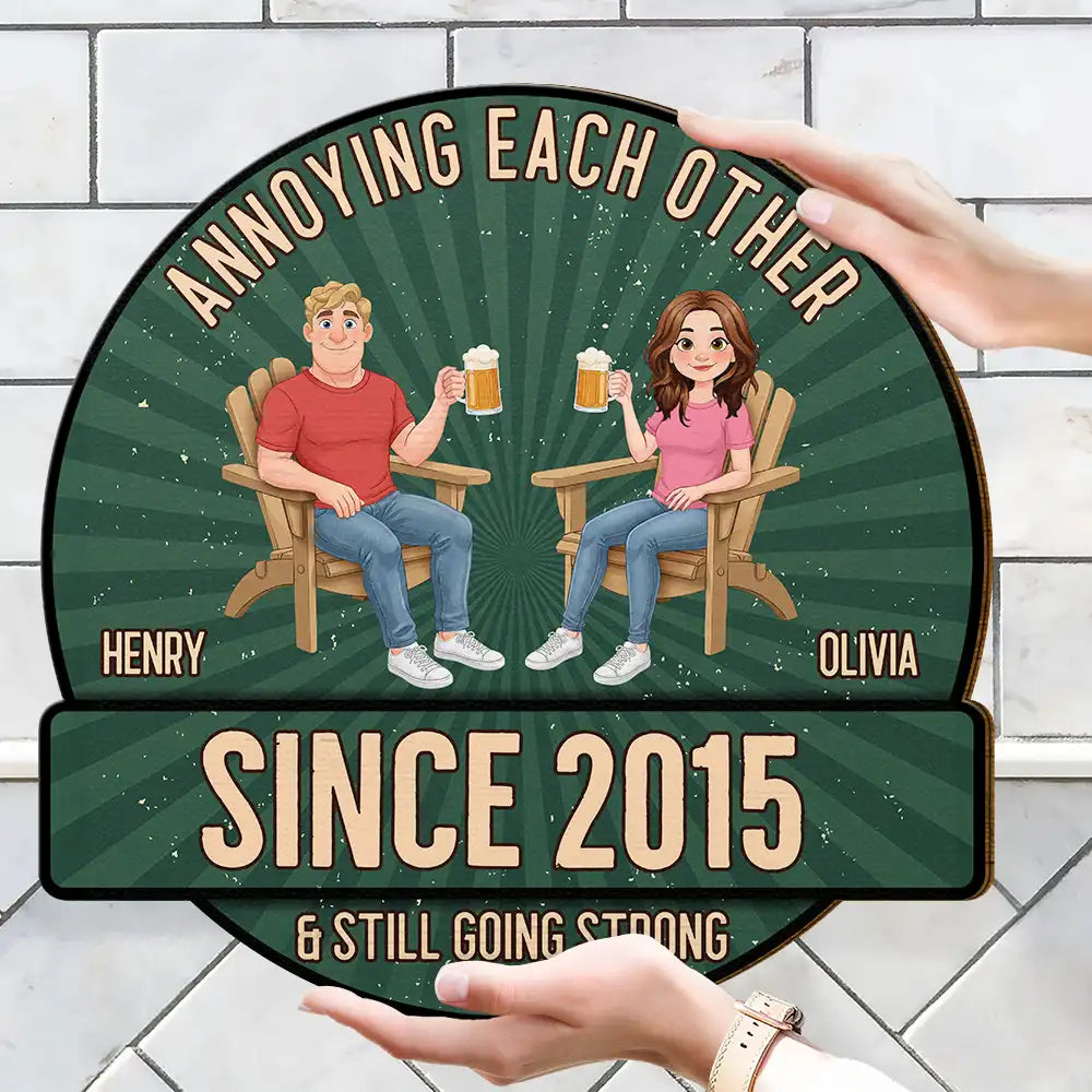 Wedding Anniversary, Humorous, Old Couples, Gift For Couples, Vector - Animate Couple Annoying Each Other - Personalized Custom Shaped Wood Sign