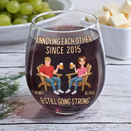 Wedding Anniversary, Humorous, Old Couples, Gift For Couples, Vector - Animate Couple Annoying Each Other - Personalized Stemless Wine Glass