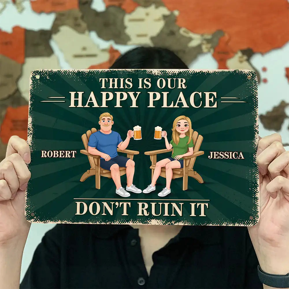 Humorous,Gift For Couples,Vector - Animate Couple This Is Our Happy Place - Personalized Classic Metal Signs