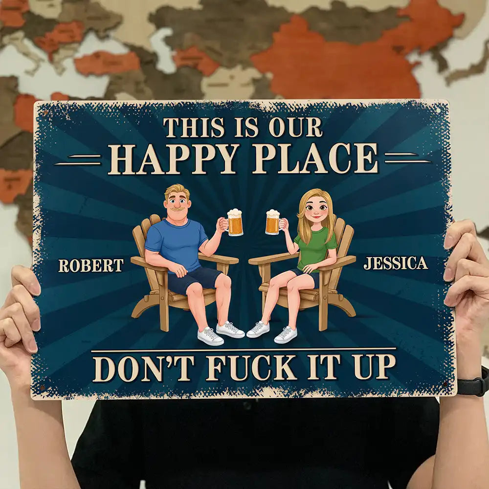Humorous,Gift For Couples,Vector - Animate Couple This Is Our Happy Place - Personalized Classic Metal Signs