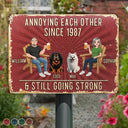 Pet Couple, Wedding Anniversary, Humorous, Pet Lovers, Gift For Couples, Vector - Animate Couple With Dog Cat Annoying Each Other - Personalized Classic Metal Signs