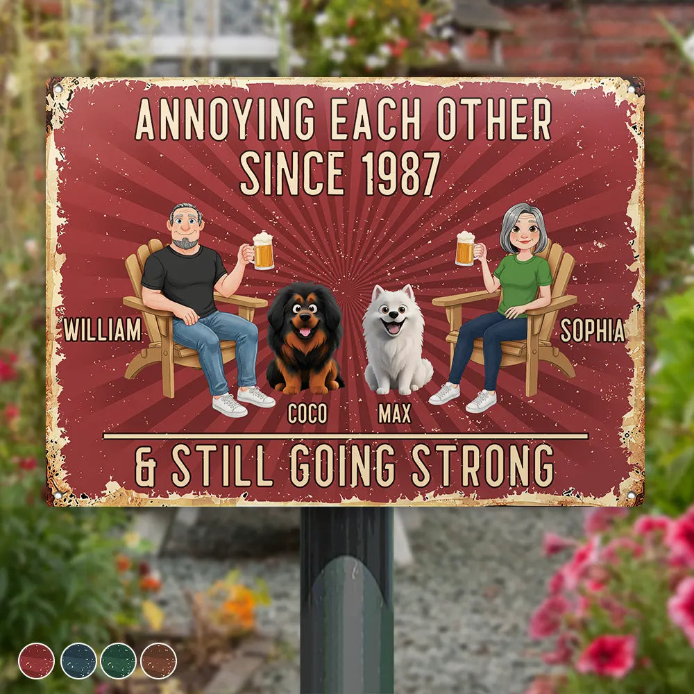 Pet Couple, Wedding Anniversary, Humorous, Pet Lovers, Gift For Couples, Vector - Animate Couple With Dog Cat Annoying Each Other - Personalized Classic Metal Signs