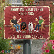 Pet Couple, Wedding Anniversary, Humorous, Pet Lovers, Gift For Couples, Vector - Animate Couple With Dog Cat Annoying Each Other - Personalized Classic Metal Signs
