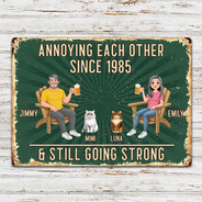 Pet Couple, Wedding Anniversary, Humorous, Pet Lovers, Gift For Couples, Vector - Animate Couple With Dog Cat Annoying Each Other - Personalized Classic Metal Signs