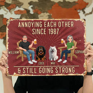 Pet Couple, Wedding Anniversary, Humorous, Pet Lovers, Gift For Couples, Vector - Animate Couple With Dog Cat Annoying Each Other - Personalized Classic Metal Signs