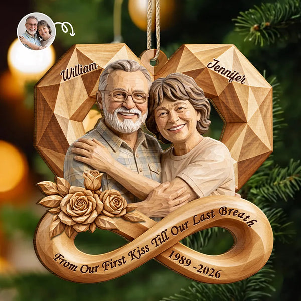 Anniversary,Art Design,Christmas,Custom Photo,Gift For Couples,Old Couples,Photo - Wooden Effect,Romantic - Anniversary Gift For Couples - Personalized Custom Photo Infinity Rose Heart Wooden Ornament