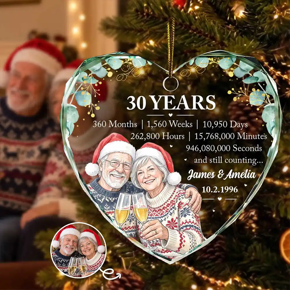 Anniversary,Art Design,Christmas,Custom Photo,Gift For Couples,Old Couples,Photo - Vivid Watercolor Art,Romantic,Top Market - Anniversary Gift For Couples - Personalized Custom Photo Watercolor Names Year Counting Time Together Glass Ornament