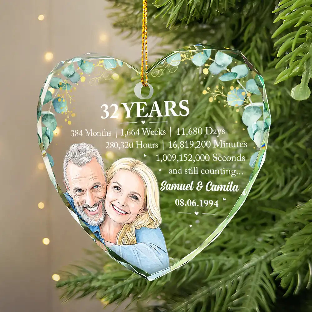 Anniversary,Art Design,Christmas,Custom Photo,Gift For Couples,Old Couples,Photo - Vivid Watercolor Art,Romantic,Top Market - Anniversary Gift For Couples - Personalized Custom Photo Watercolor Names Year Counting Time Together Glass Ornament