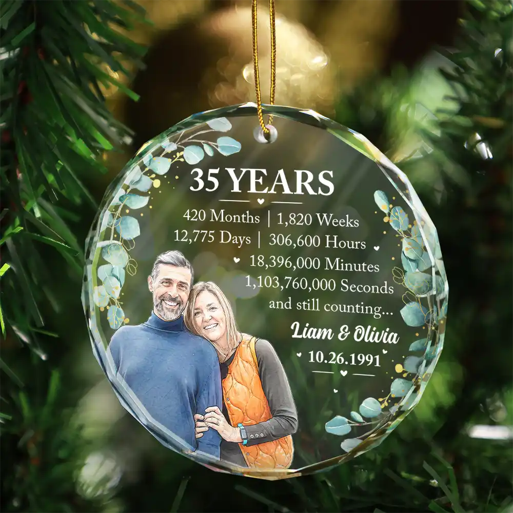 Anniversary,Art Design,Christmas,Custom Photo,Gift For Couples,Old Couples,Photo - Vivid Watercolor Art,Romantic,Top Market - Anniversary Gift For Couples - Personalized Custom Photo Watercolor Names Year Counting Time Together Glass Ornament