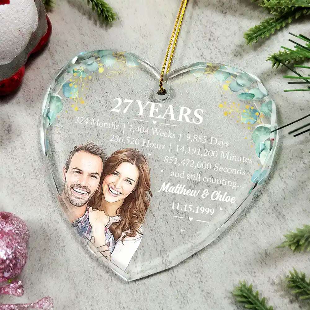 Anniversary,Art Design,Christmas,Custom Photo,Gift For Couples,Old Couples,Photo - Vivid Watercolor Art,Romantic,Top Market - Anniversary Gift For Couples - Personalized Custom Photo Watercolor Names Year Counting Time Together Glass Ornament