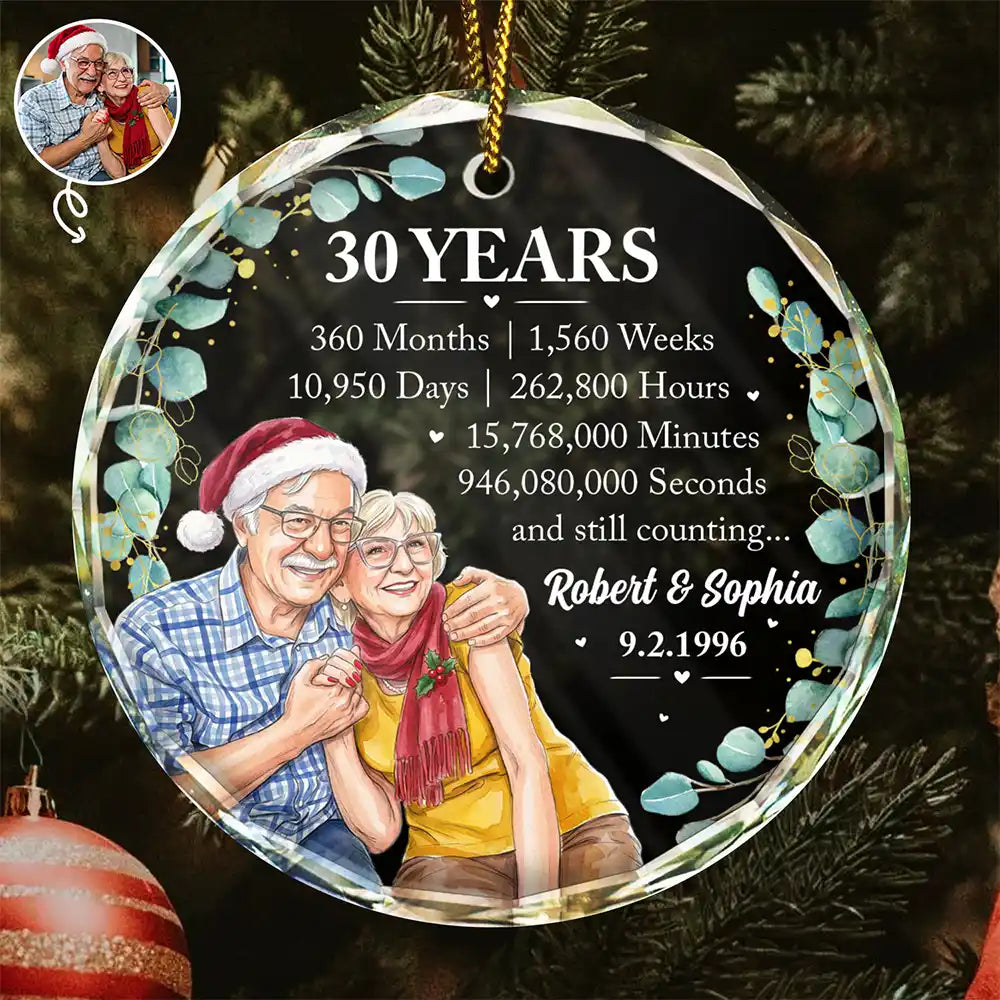 Anniversary,Art Design,Christmas,Custom Photo,Gift For Couples,Old Couples,Photo - Vivid Watercolor Art,Romantic,Top Market - Anniversary Gift For Couples - Personalized Custom Photo Watercolor Names Year Counting Time Together Glass Ornament