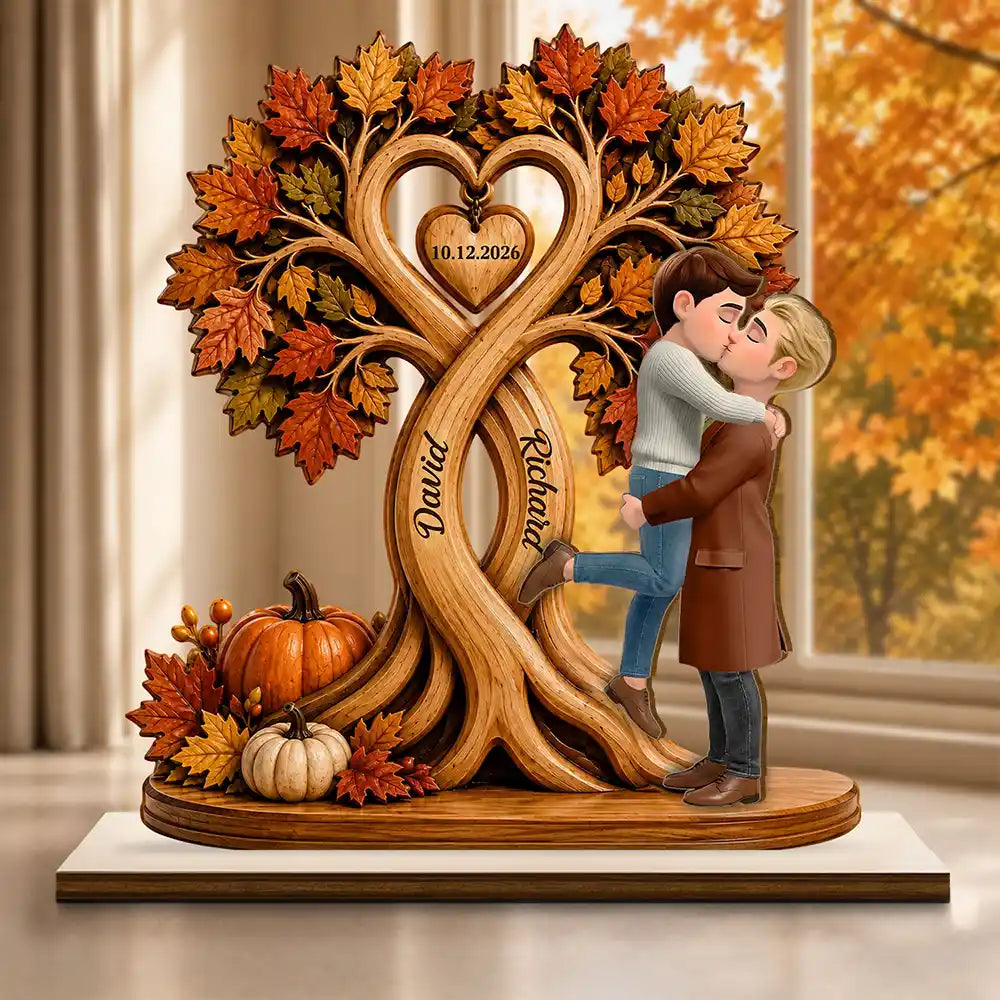 Romantic, Gift For Couples, Vector - Autumn Flannel Standing Couple Under Heart Tree - Personalized Custom Shaped Wooden Plaque