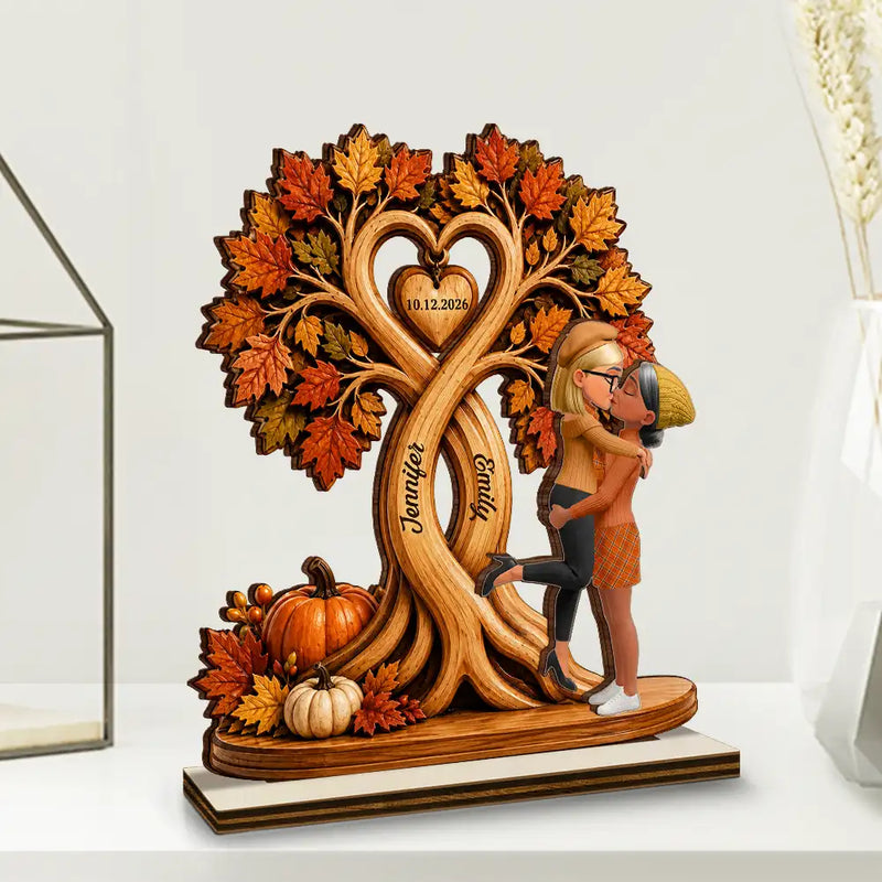 Romantic, Gift For Couples, Vector - Autumn Flannel Standing Couple Under Heart Tree - Personalized Custom Shaped Wooden Plaque