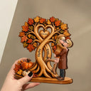 Romantic, Gift For Couples, Vector - Autumn Flannel Standing Couple Under Heart Tree - Personalized Custom Shaped Wooden Plaque