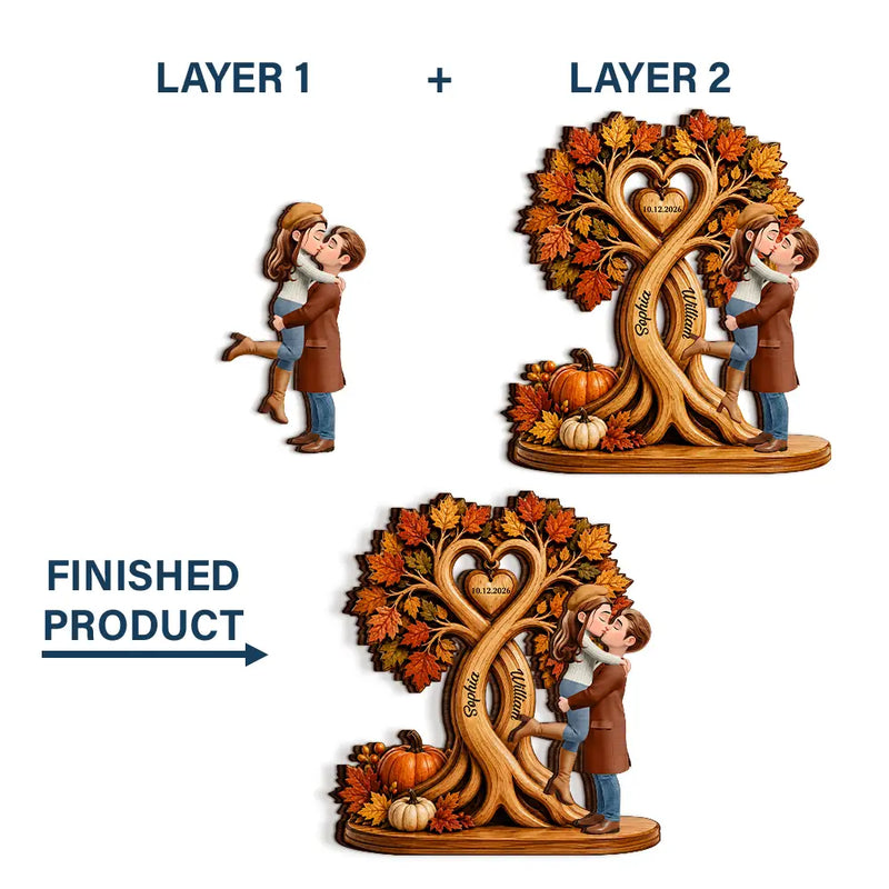 Romantic, Gift For Couples, Vector - Autumn Flannel Standing Couple Under Heart Tree - Personalized Custom Shaped Wooden Plaque