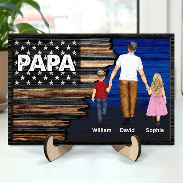 Nation Flag Dad Grandpa Walking With Kids - Personalized 2-Layered Wooden Plaque With Stand