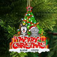 Merry Christmas Funny Cartoon Dog Cat - Personalized 2-Layered Wooden Ornament