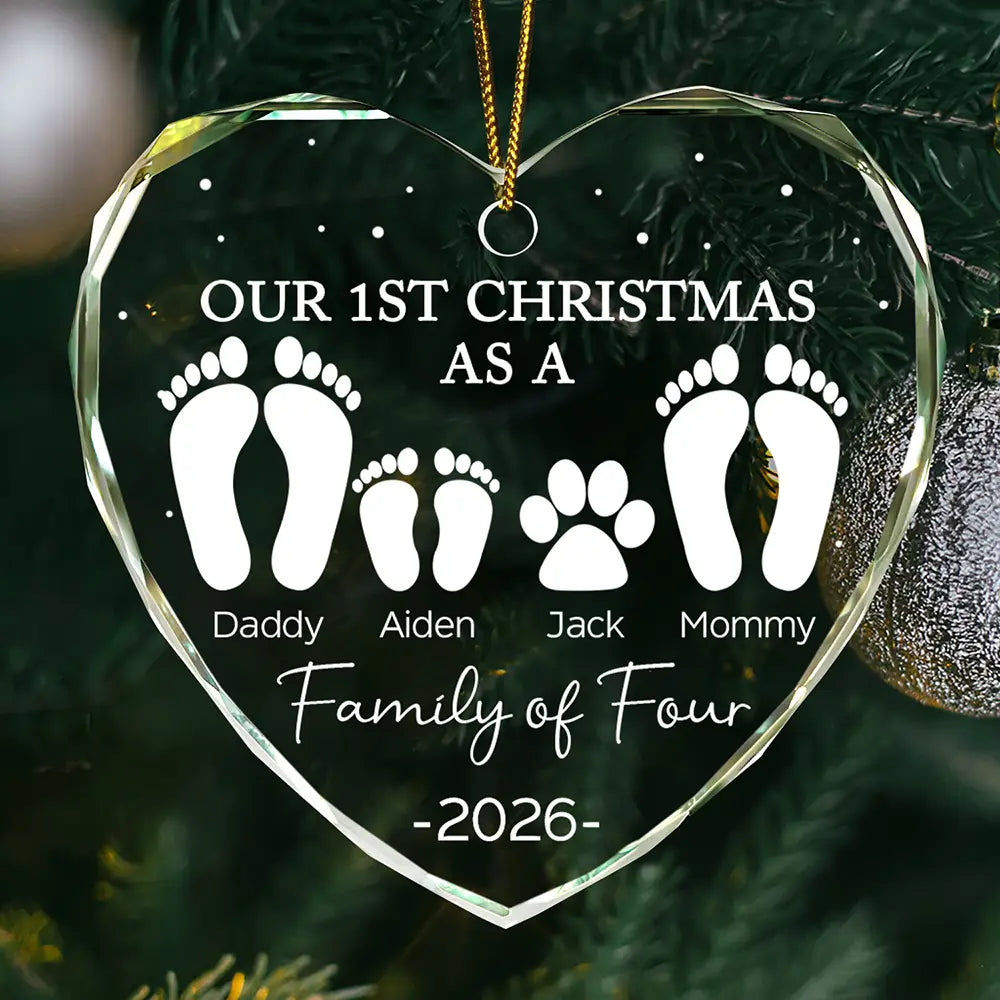 First Christmas As A Family Of Four Footprints - Personalized Heart Shaped Glass Ornament