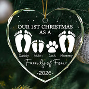 First Christmas As A Family Of Four Footprints - Personalized Heart Shaped Glass Ornament
