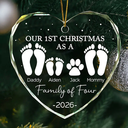 First Christmas As A Family Of Four Footprints - Personalized Heart Shaped Glass Ornament