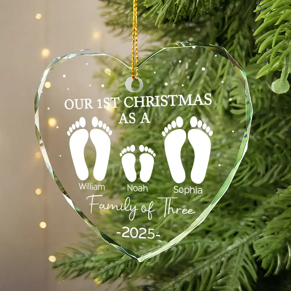 Christmas,Happy,Family,Parents,Gift For Sibling - First Christmas As A Family Of Four Footprints - Personalized Heart Shaped Glass Ornament