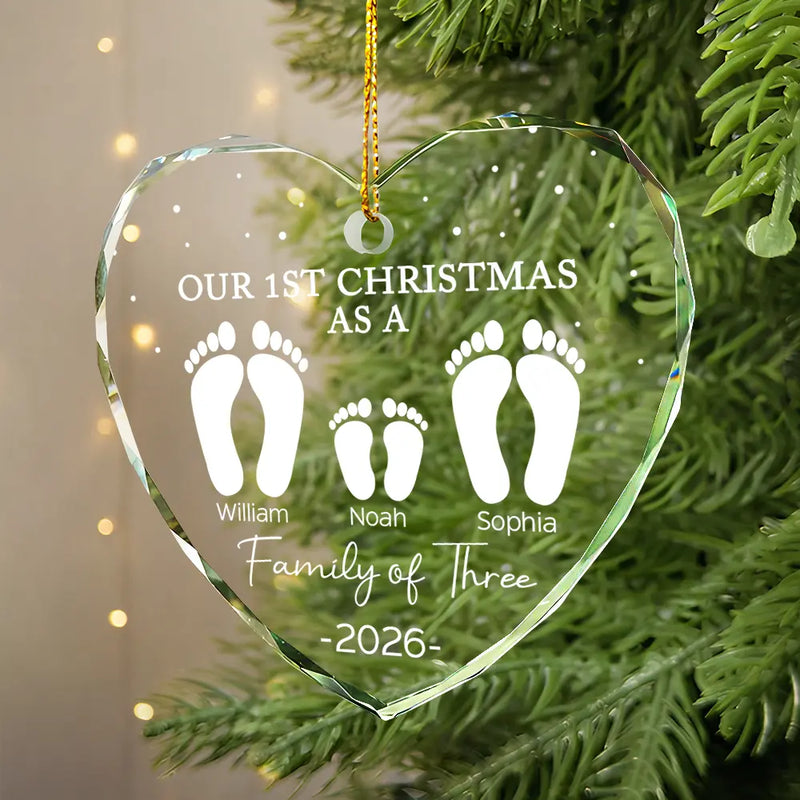 First Christmas As A Family Of Four Footprints - Personalized Heart Shaped Glass Ornament
