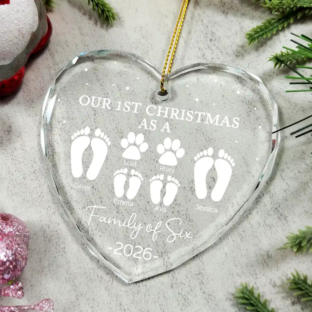 First Christmas As A Family Of Four Footprints - Personalized Heart Shaped Glass Ornament