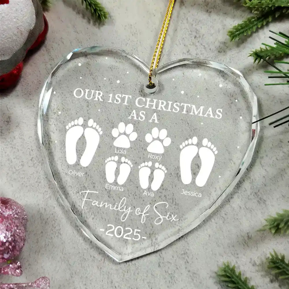 Christmas,Happy,Family,Parents,Gift For Sibling - First Christmas As A Family Of Four Footprints - Personalized Heart Shaped Glass Ornament