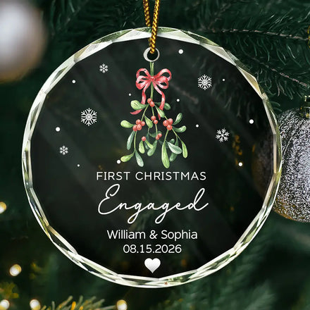 Mistletoe Our First Christmas Engaged - Personalized Circle Glass Ornament
