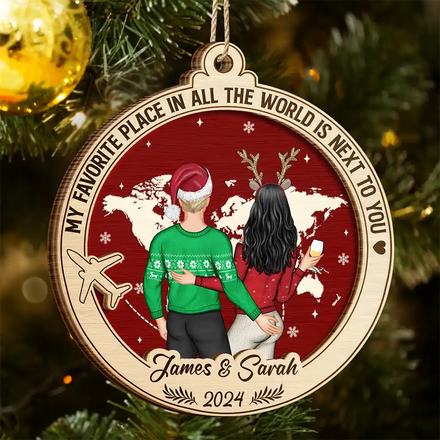 My Favorite Place Is Next To You World Map - Personalized 2-Layered Wooden Ornament