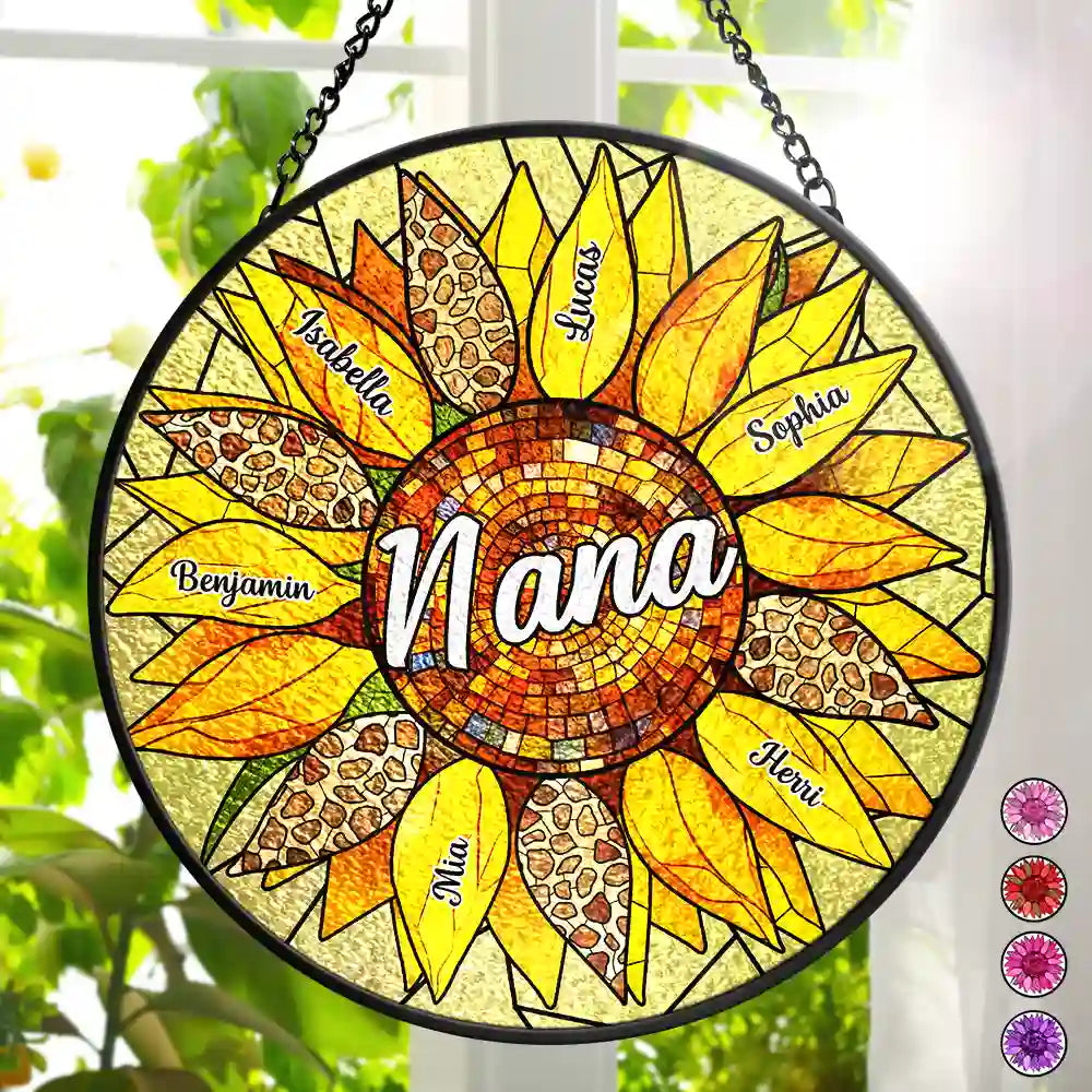 Nana Auntie Mom Family Sunflower - Personalized Stained Glass Window Hanging Suncatcher