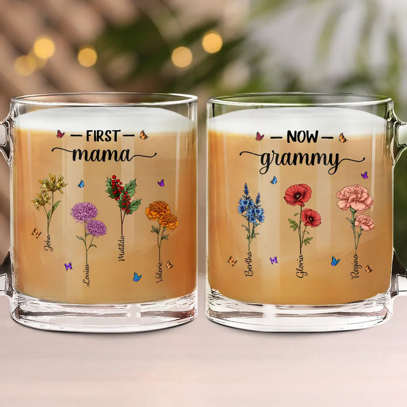 Gift For Mother,Gift For Grandma,Happy - First Mom Now Grandma Birth Flowers - Personalized Glass Mug