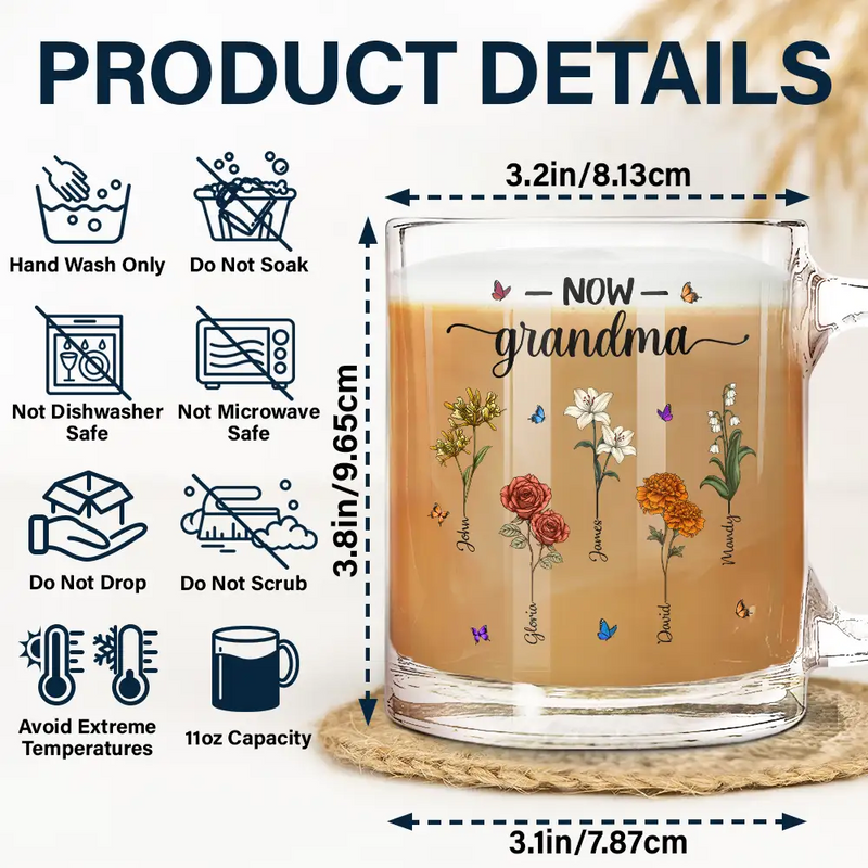 Gift For Mother,Gift For Grandma,Happy - First Mom Now Grandma Birth Flowers - Personalized Glass Mug