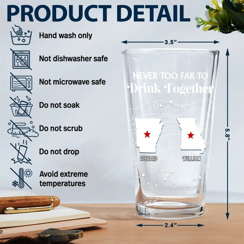 Family, Gift For Brothers, Gift For Bestie, Gift For Sisters, Gift For Sibling - Long Distance Family Bestie Never Too Far To Drink Together - Personalized Beer Glass
