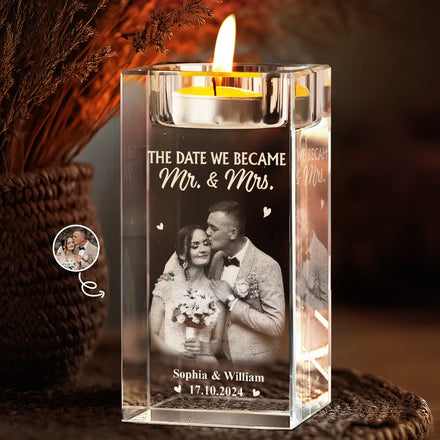 Custom Photo The Date We Became Mr. & Mrs. - Personalized Crystal Candle Holder
