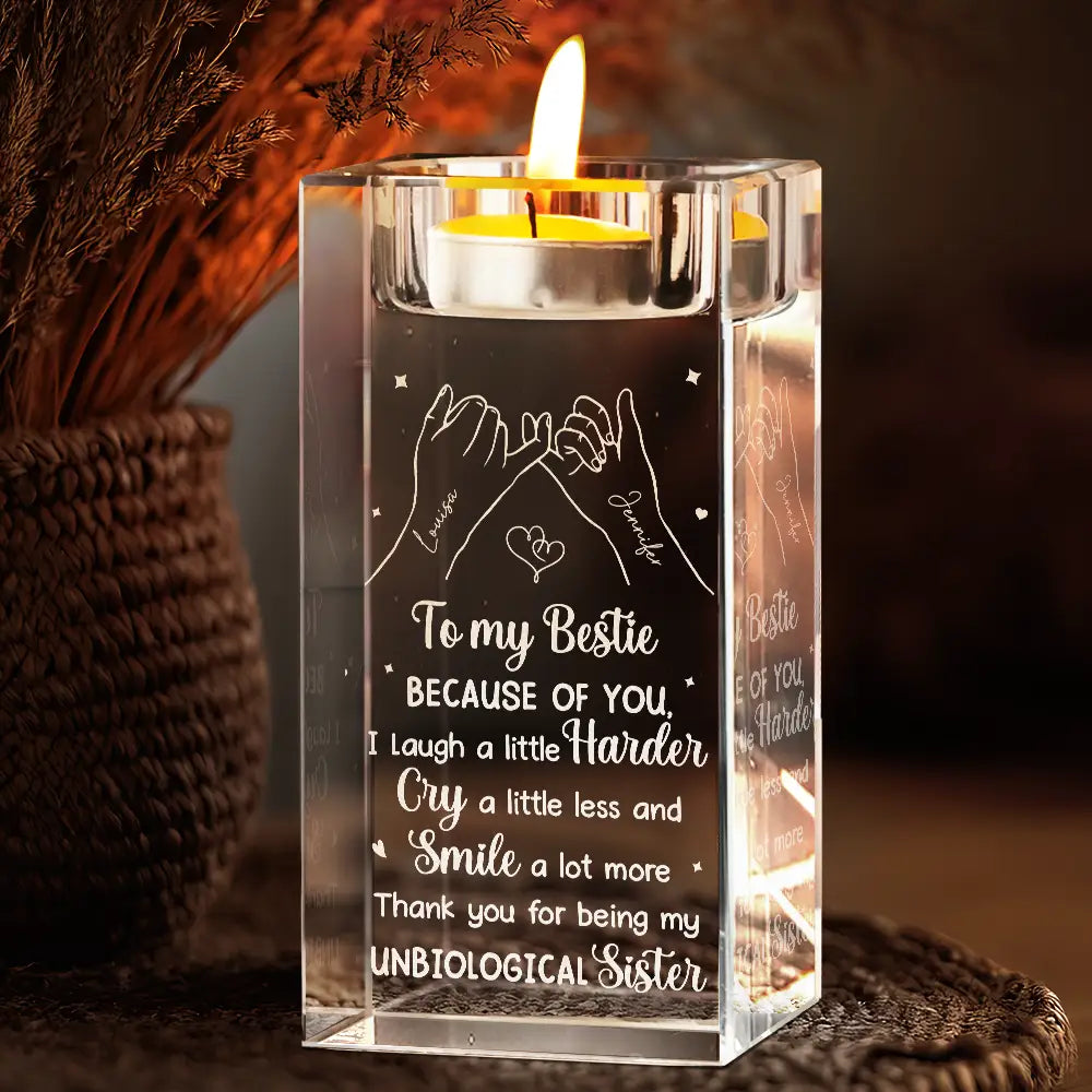 Bestie Because Of You I Laugh A Little Harder - Personalized Crystal Candle Holder
