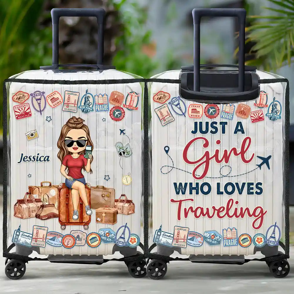 Gift For Women, Travel, Gift For Men, Gift For Yourself - Just A Girl Who Loves Traveling - Personalized Clear Luggage Cover
