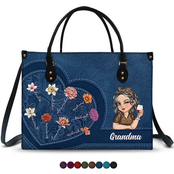 Gift For Grandma,Gift For Mother,Love - Grandma Birth Month Flowers Kids - Personalized Leather Bag