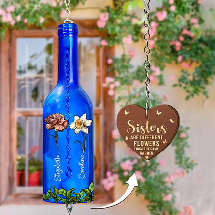 Sisters Different Flowers From The Same Garden - Personalized Wine Bottle Wind Chime