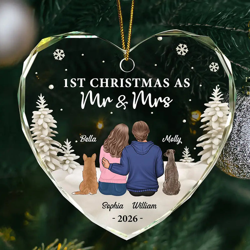 First Christmas As Mr & Mrs Dog Cat - Personalized Heart Shaped Glass Ornament