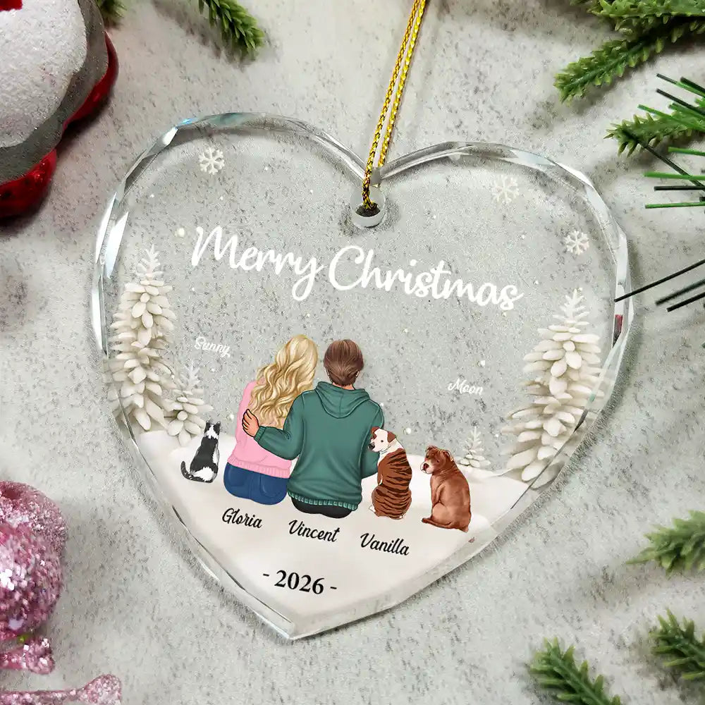 First Christmas As Mr & Mrs Dog Cat - Personalized Heart Shaped Glass Ornament